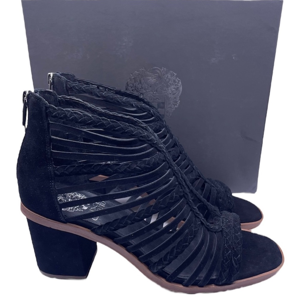 VINCE CAMUTO suede strappy caged black sandals women Size 10 block heel